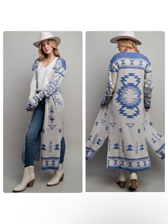 Jessica Simpson Sweaters - Jessica Simpson Blue Aztec Geometric Longline Duster Cardigan
